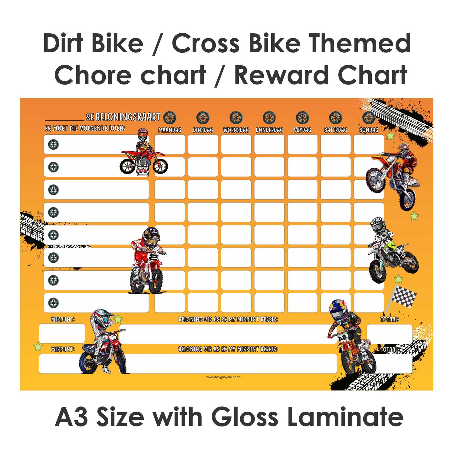Dirt Bike Cross Bike Motorcycle Theme 1 Reward Chart Chore Chart Afrikaans