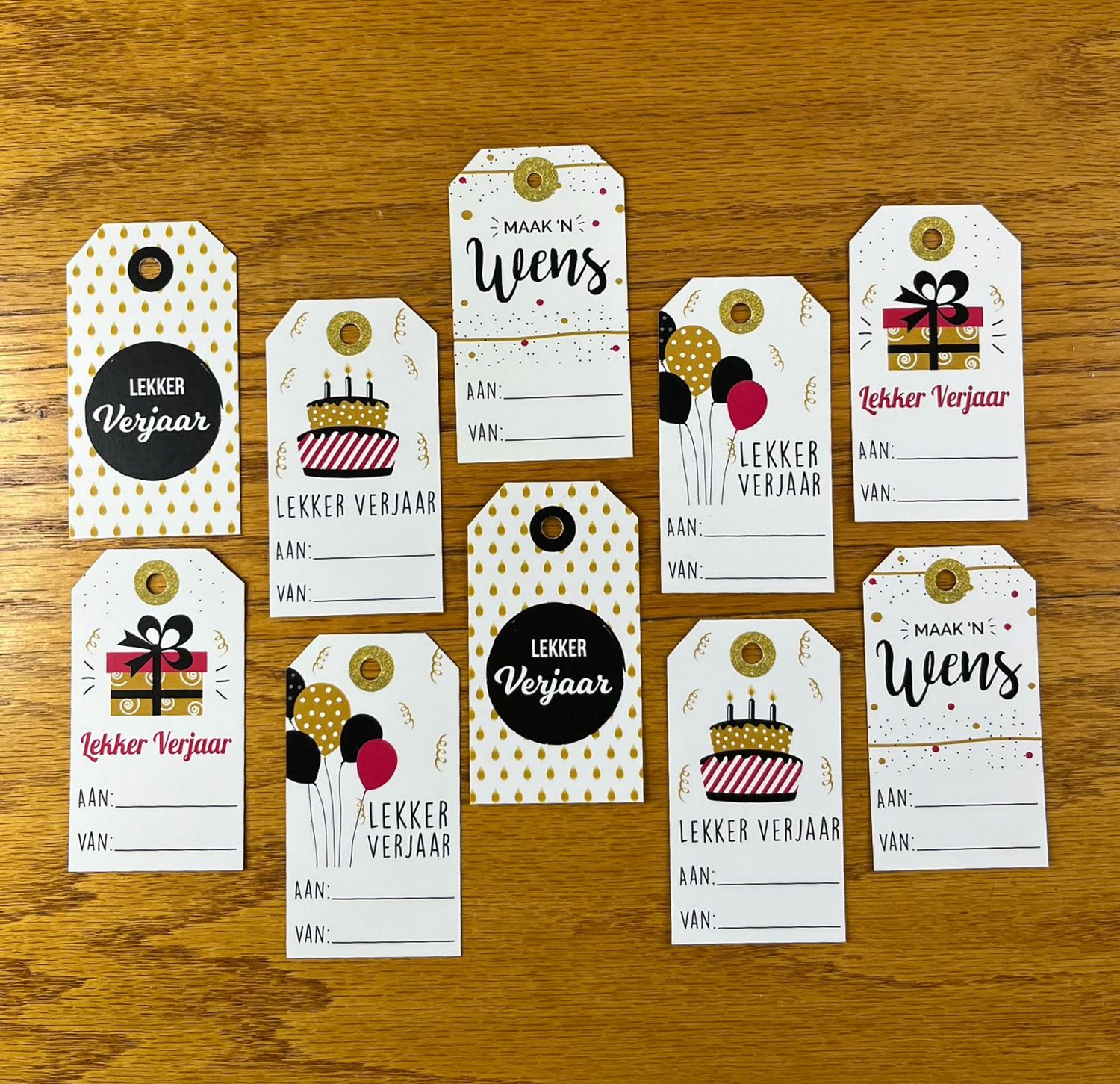 Pink, Black, White and Gold Theme 1 Birthday Gift tags in Afrikaans