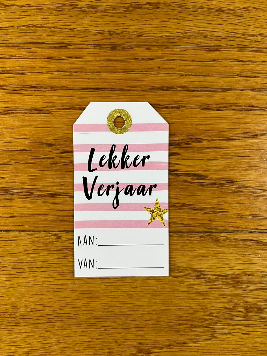 Pink, Black, White and Gold Theme 2 With stripes Birthday Gift tag in Afrikaans