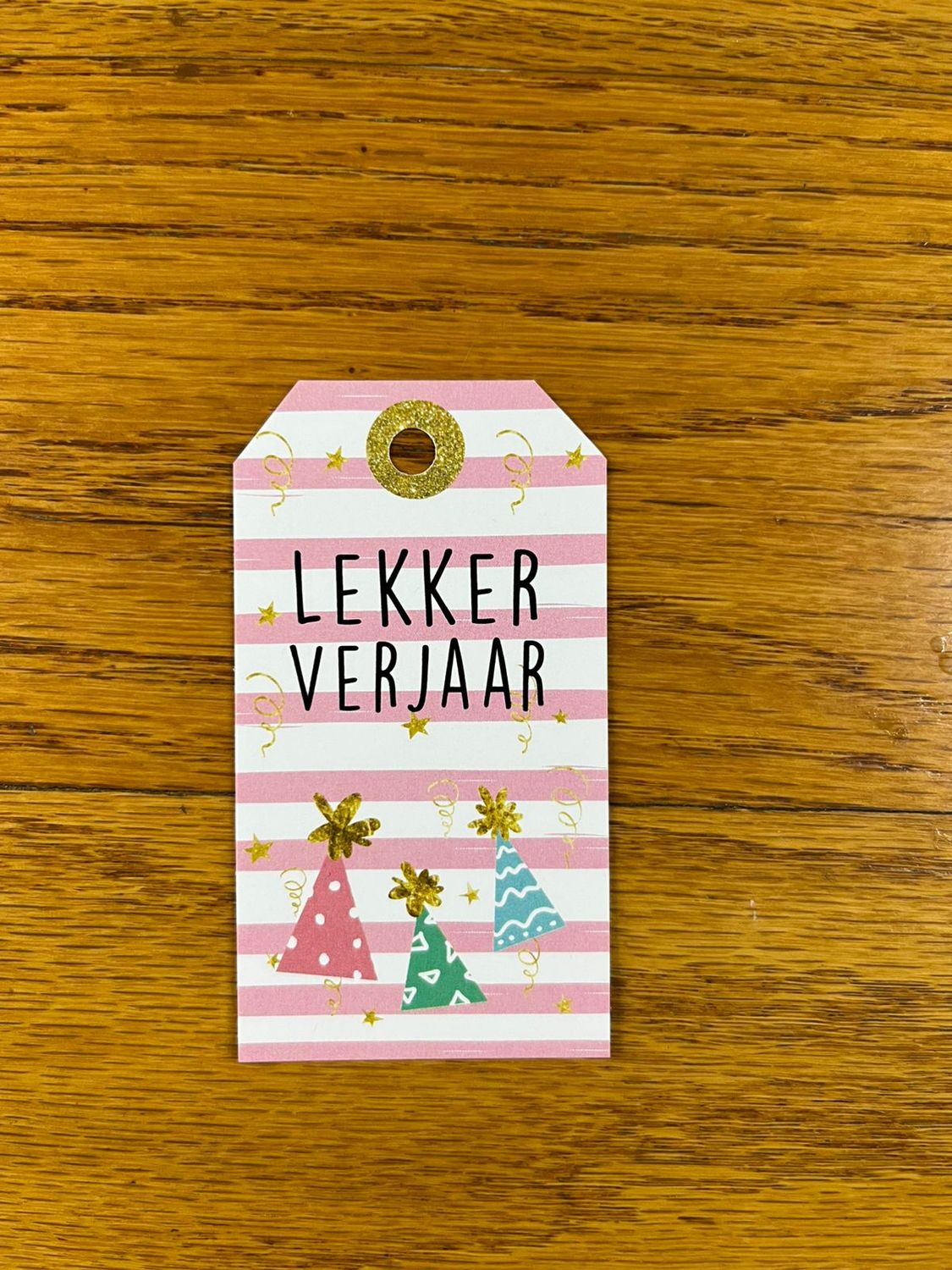 Pink, Black, White and Gold Theme 2 With party hat Birthday Gift tag in Afrikaans