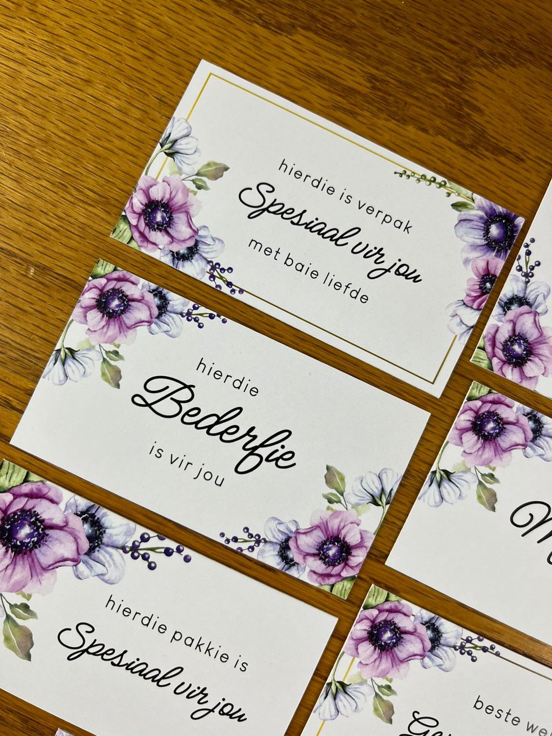 Purple Floral Theme 1 Gift Note Cards | Gift Tags in Afrikaans