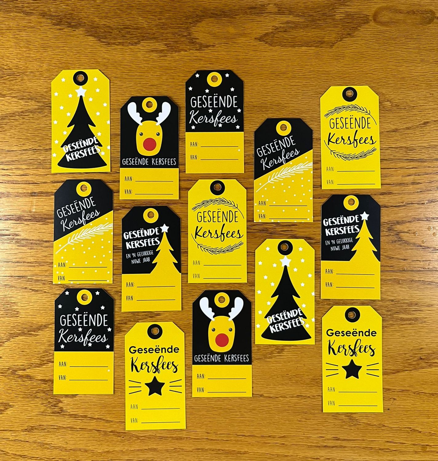 Christmas Theme 4 Yellow and Black Christmas gift tags in Afrikaans