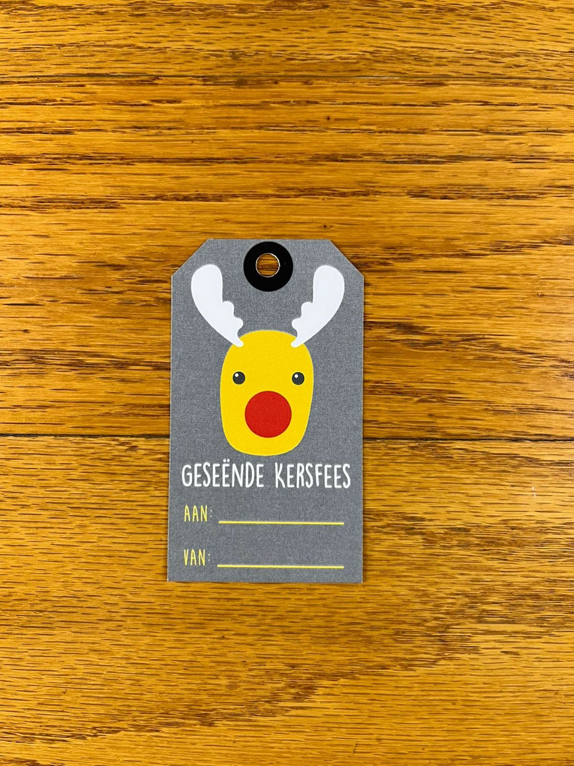 Dark Grey and Reindeer Christmas gift tag in Afrikaans