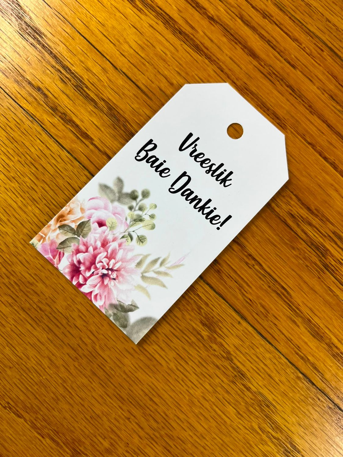 Soft floral theme 1 Thank you Tag in Afrikaans | Note Cards in Afrikaans