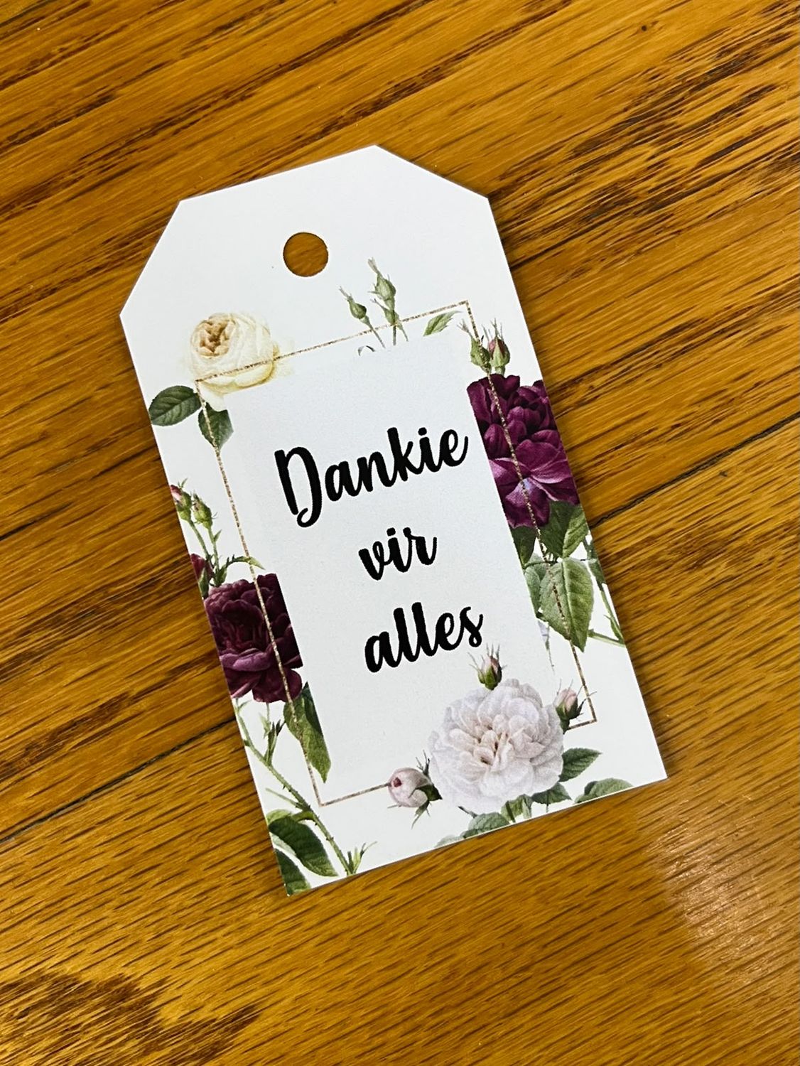 Purple and White Floral theme 1 Thank you Tag in Afrikaans | Note Cards in Afrikaans
