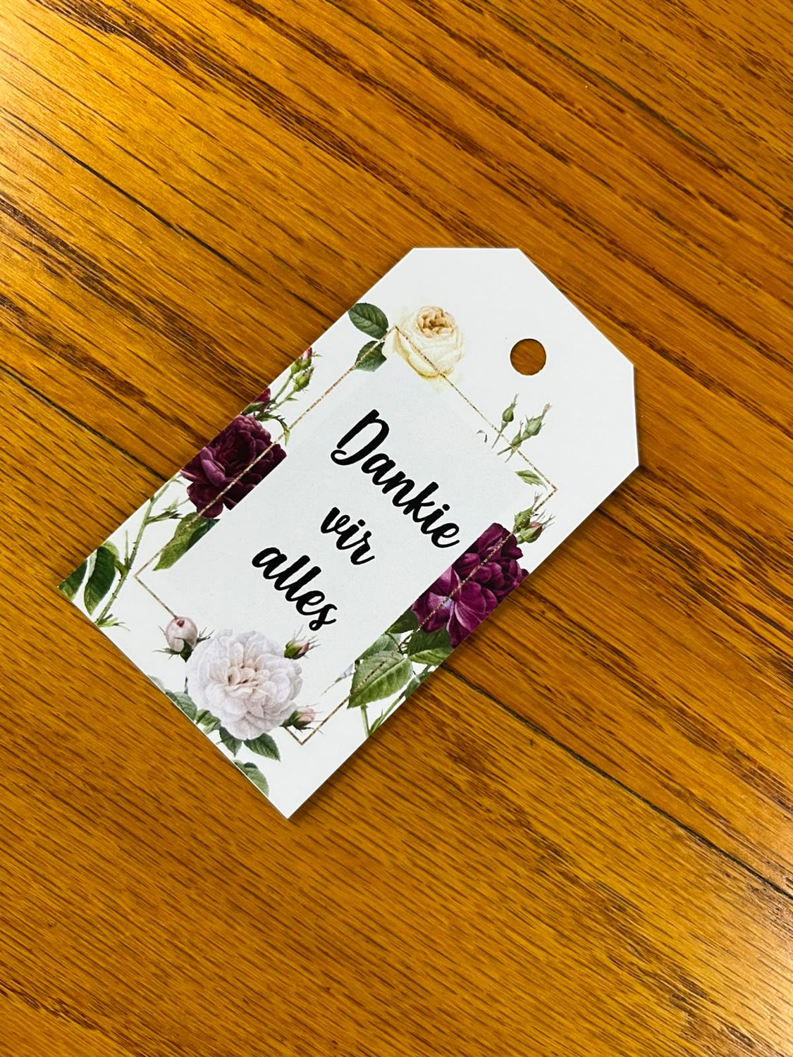 Purple and White Floral theme 1 Thank you Tag in Afrikaans | Note Cards in Afrikaans