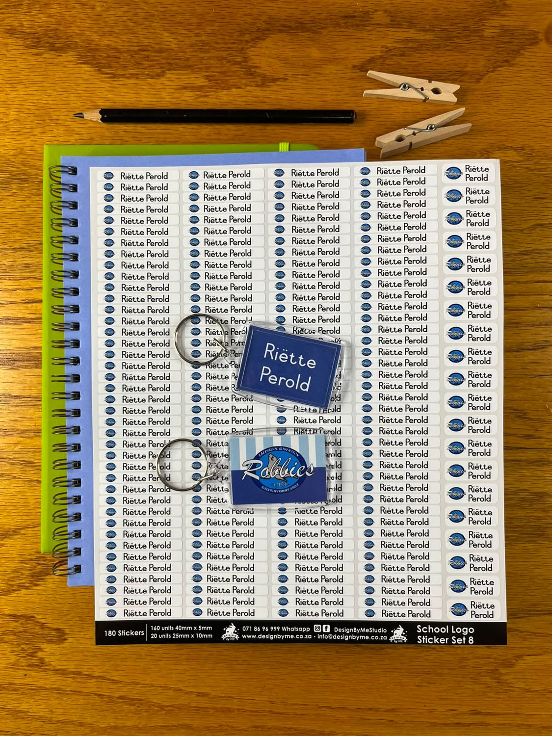 Sticker set 8 COMBO | Stationary label stickers with school logo and 2 Bag Tag Keychains