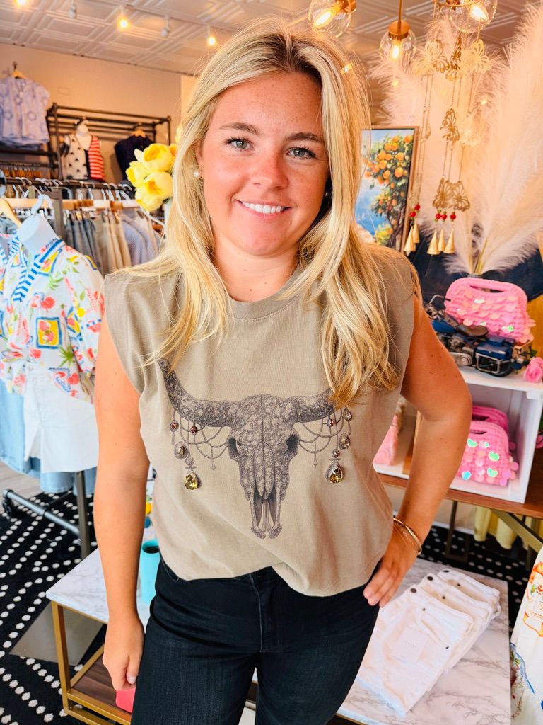 SILVER SKULL JEWELED CROPPED TEE