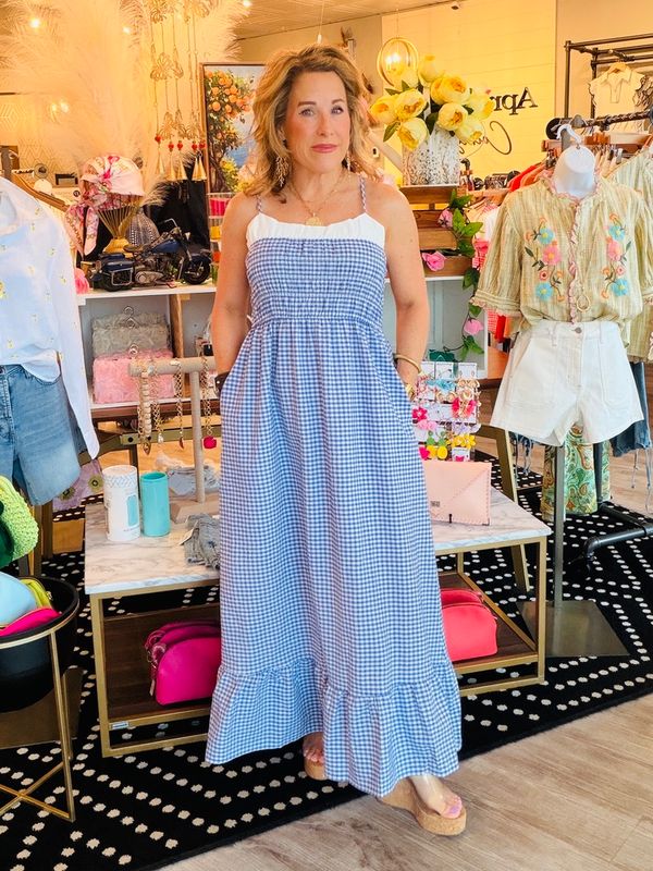 GINGHAM SMOCKED MAXI DRESS