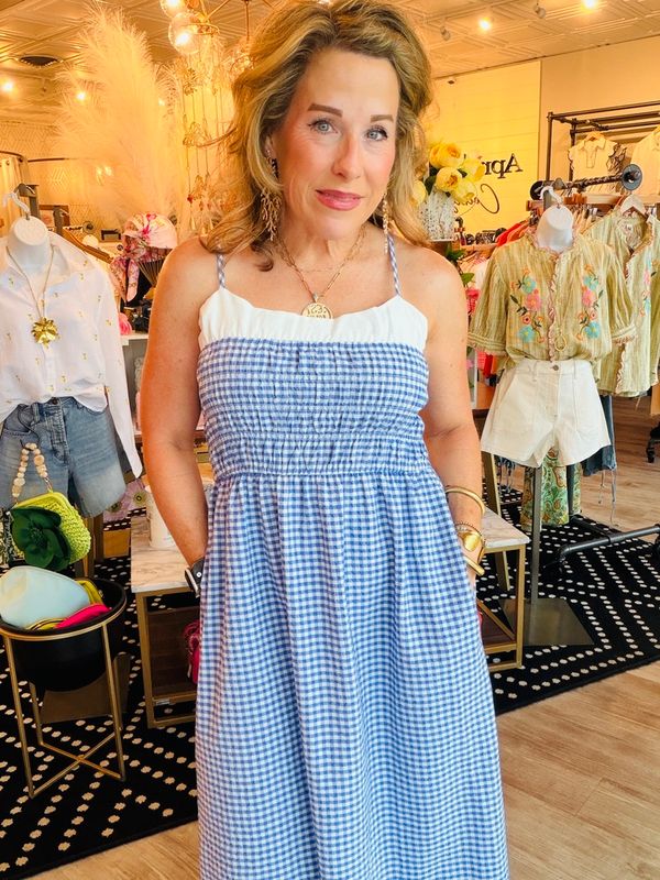 GINGHAM SMOCKED MAXI DRESS