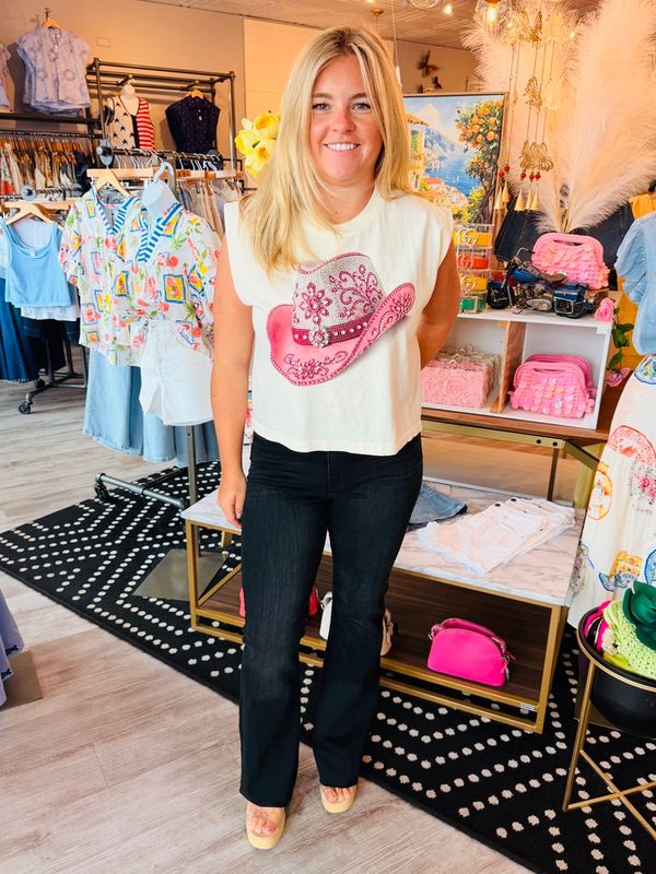 PINK HAT JEWELED CROPPED TEE