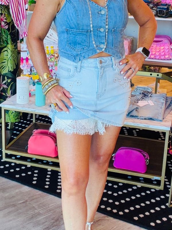 JEWELED DENIM MINI SKIRT