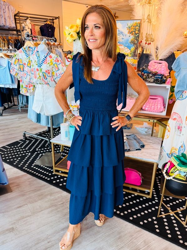 TIE STRAP RUFFLE TIERED DRESS
