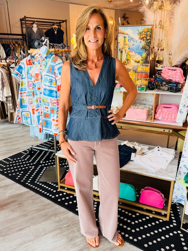 BELTED V-NECK DENIM TOP
