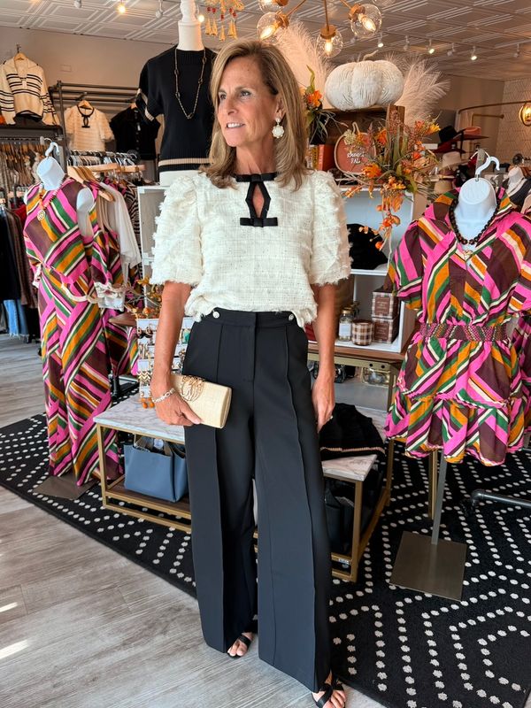 TEXTURED SEQUIN TWEED BOW TOP