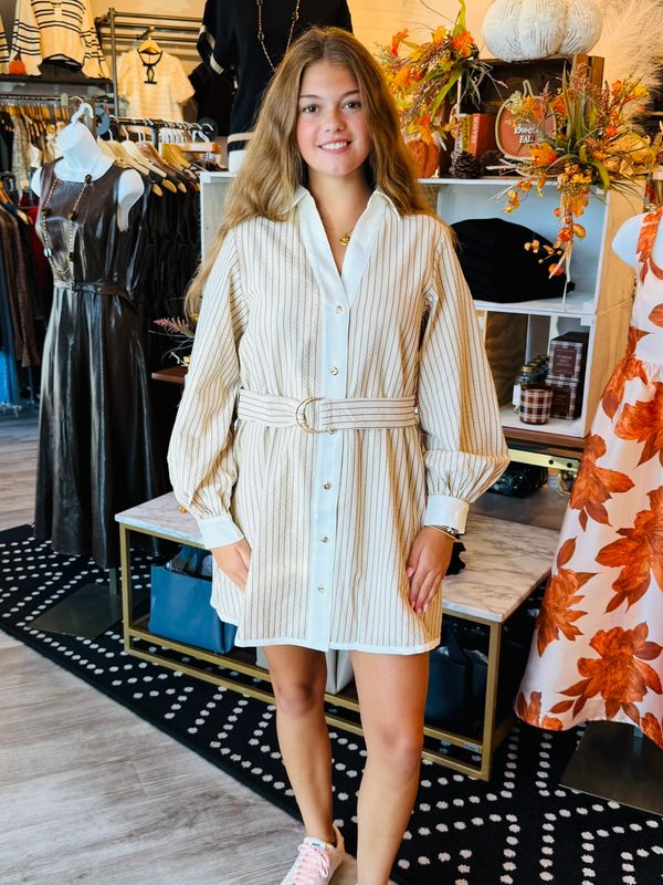CHIC CONTRAST BELTED LONG SLV MINI DRESS