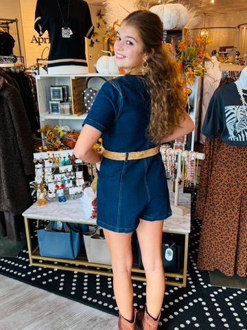DENIM ROMPER W/FAUX LEATHER COLLAR/BELT