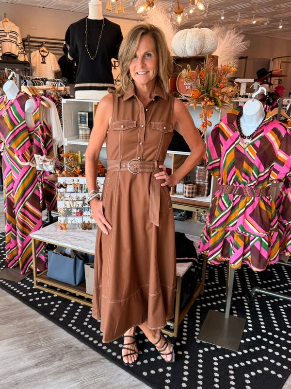 SLEEVELESS BELTED TOP STITCH UTILITY MIDI DRESS