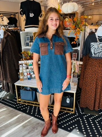 SHIRT DRESS W/SUEDE CONTRAST