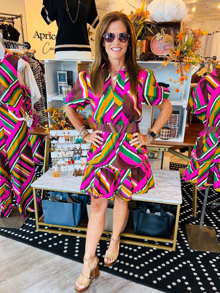 GEOMETRIC STRIPE COLLARED PUFF SLV MINI DRESS