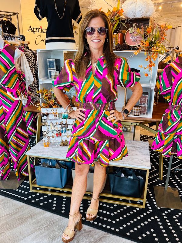 GEOMETRIC STRIPE COLLARED PUFF SLV MINI DRESS