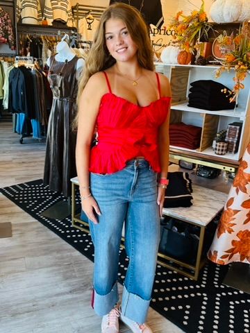 PLEATED SATIN RUFFLED TOP