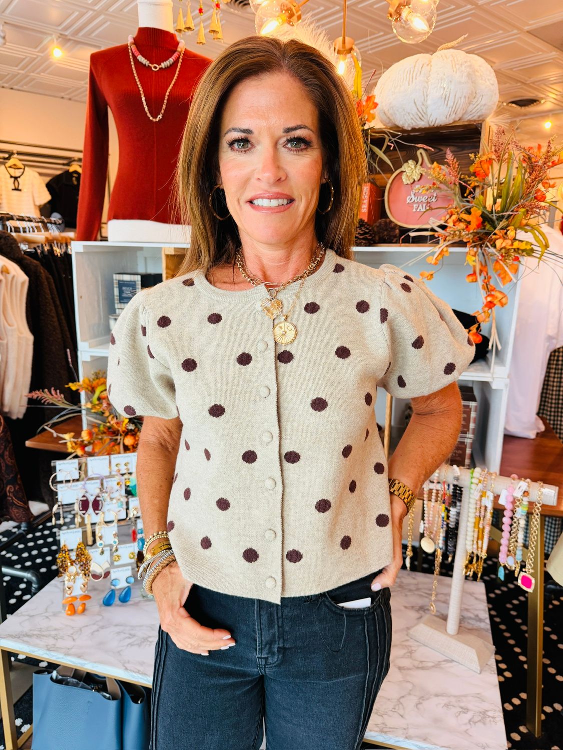 POLKA DOT KNIT PUFF SLV SWEATER