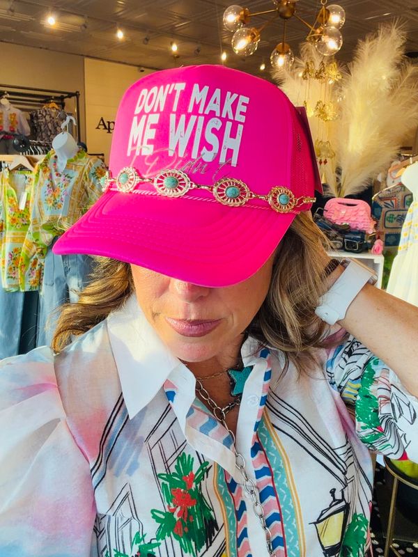 DON'T MAKE ME WISH TRUCKER HAT - GOLD/PINK