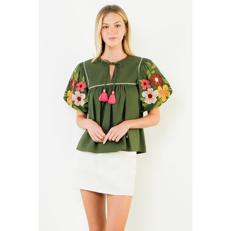 RUFFLED NECK FLOWER SLEEVE TOP