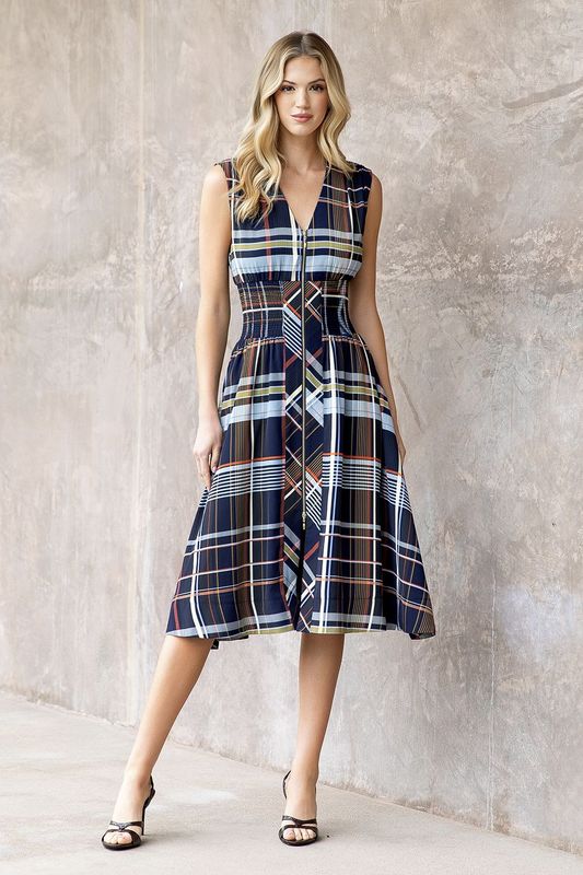 PLAID SLEEVELESS MIDI DRESS