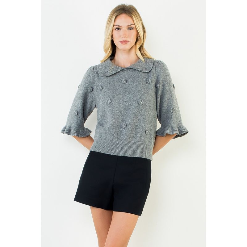 COLLARED FLORAL EMBROIDERY BUTTON UP SWEATER