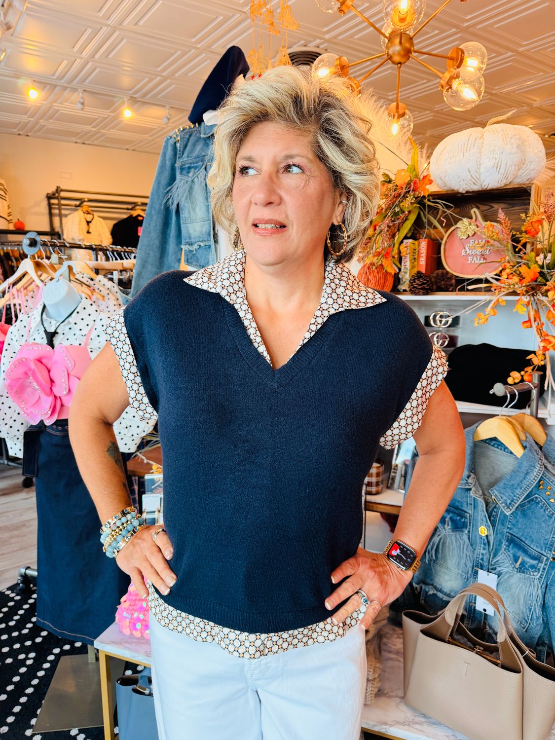 SHORT SLV MIXED MEDIA KNIT TOP
