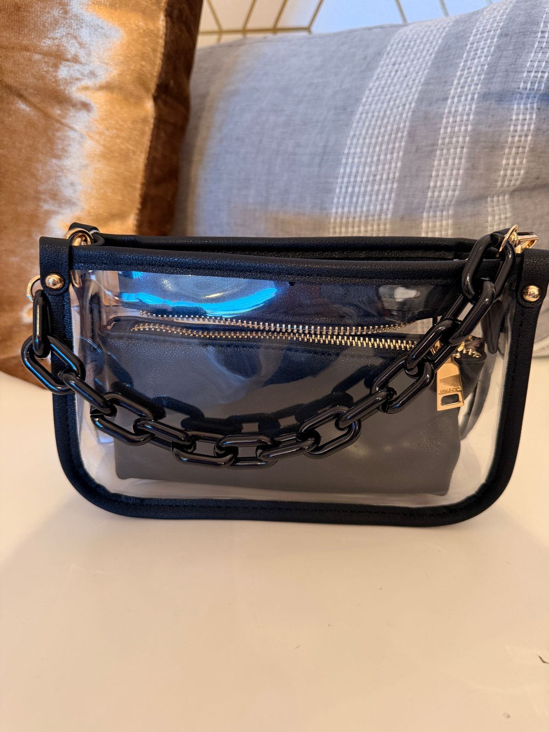 STADIUM CROSS BODY CHAIN CLEAR BAG, Color: BLACK