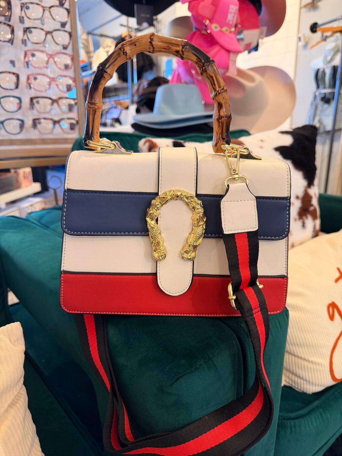 COLORBLOCK SATCHEL CROSSBODY W/GUITAR STRAP, Color: WHITE