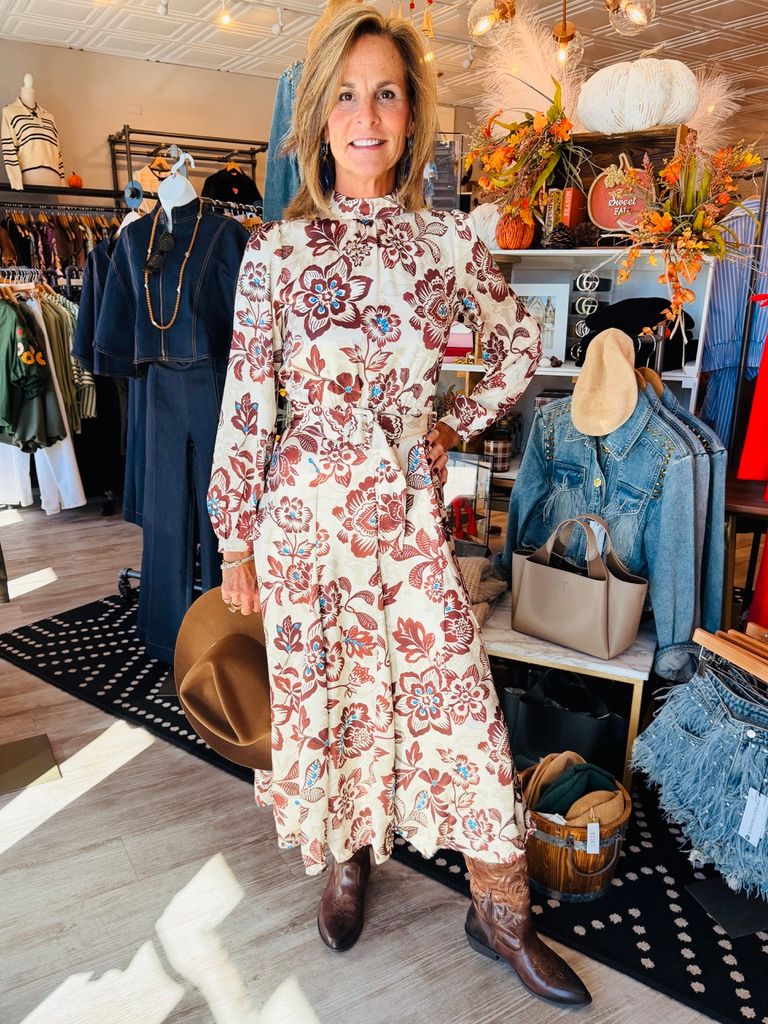 FLORAL LONG SLV MIDI DRESS