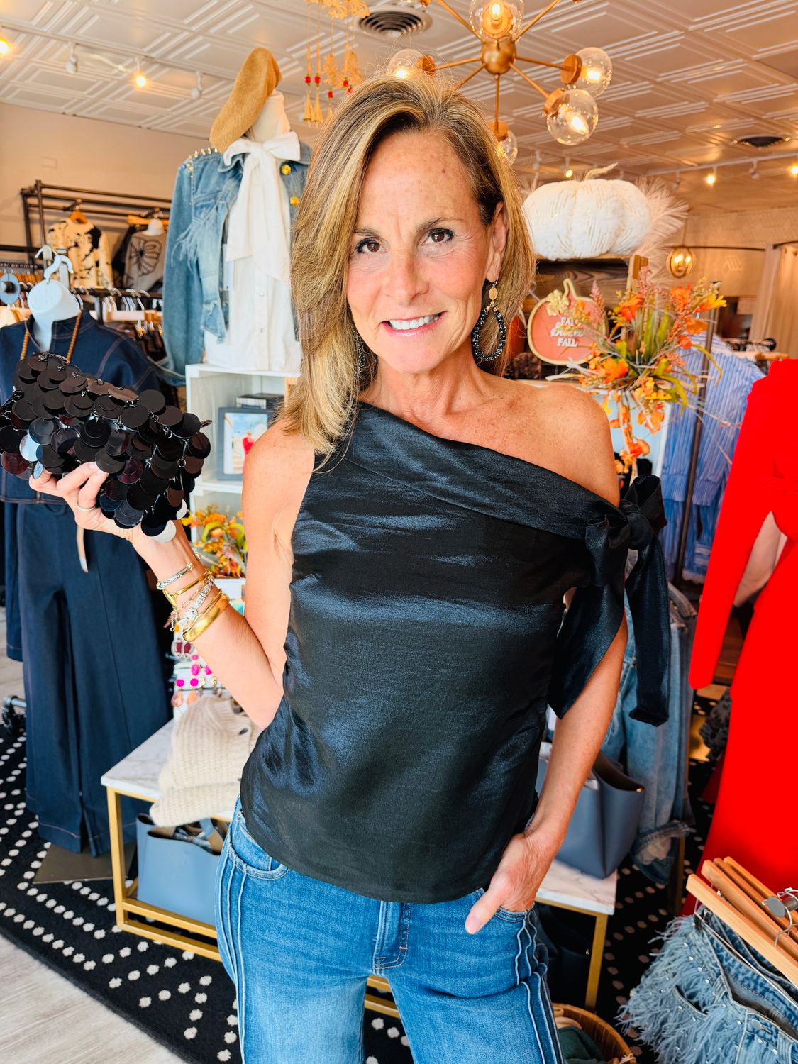 SATIN OFF THE SHOULDER BOW TOP