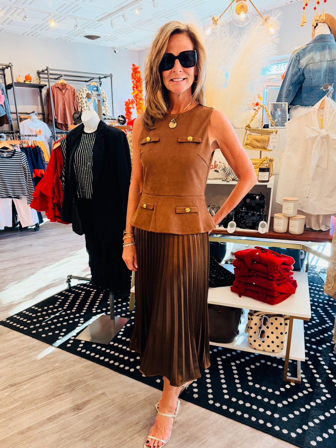 SUEDE BUTTON AND SATIN PLEATED MIDI DRESS