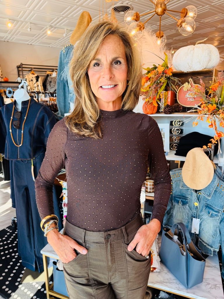 EMBELLISHED LONG SLV MESH TOP
