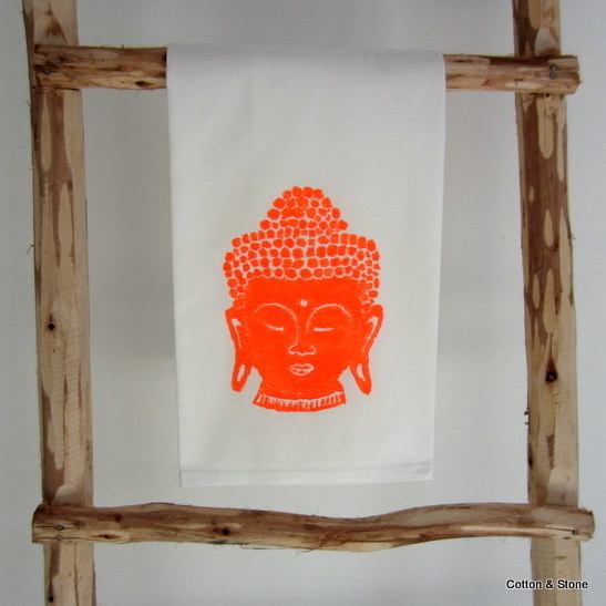 Tea Towel &#39;Buddha head&#39; glow orange