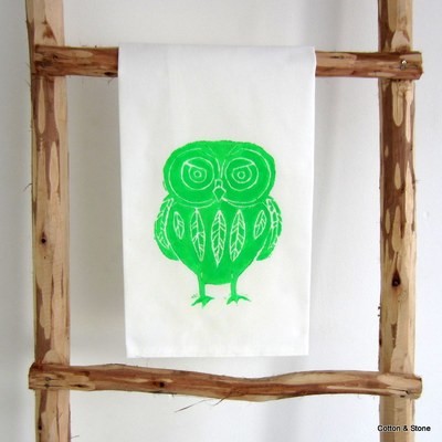 Tea Towel &#39;Owl&#39; Glowgreen