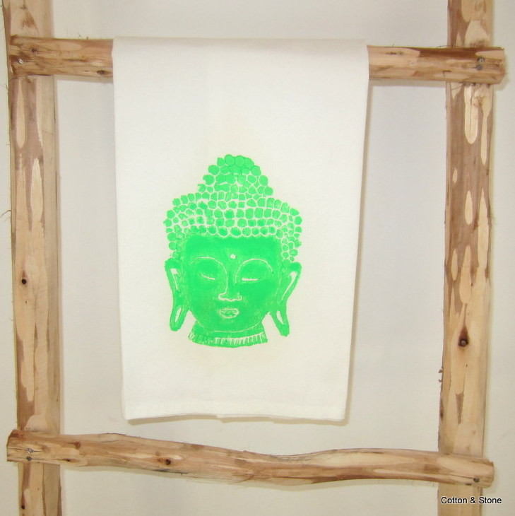 Tea Towel 'Buddha head' glow green