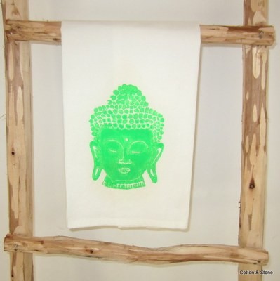 Tea Towel &#39;Buddha head&#39; glow green