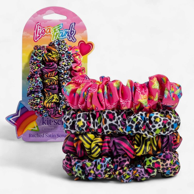 Lisa Frank x Kitsch Ruched Satin Scrunchies in Rainbow Leopard