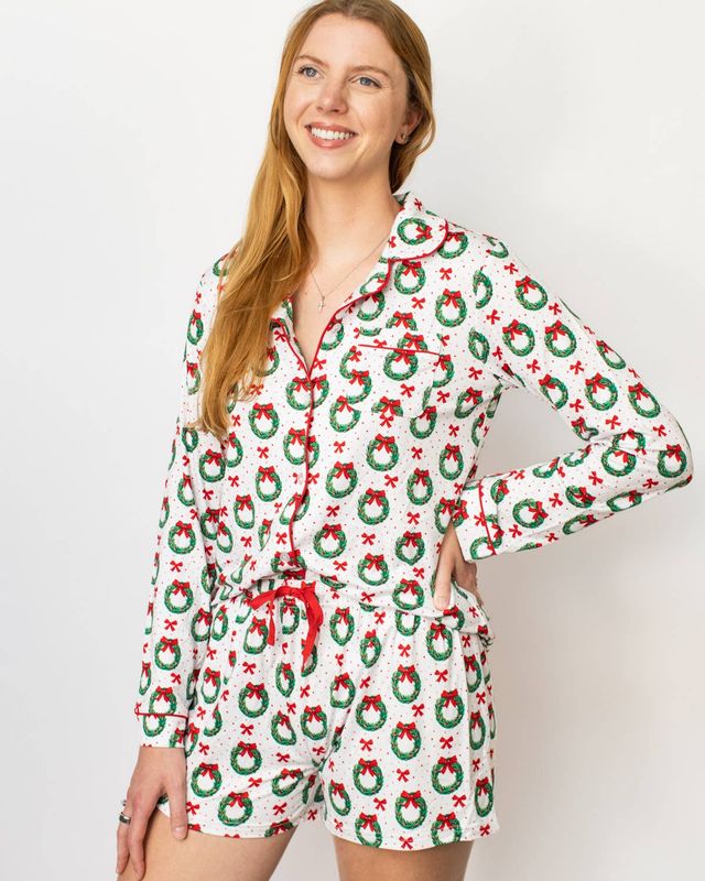 Clara Wreath Long Sleeve Button Up Sleep Shirt White/Red/Green -Asst.