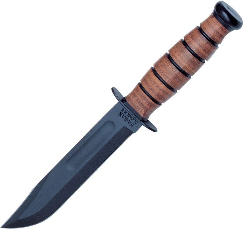 Ka-Bar Short USA, Plain Edge Fixed Blade,1095 Carbon Steel Blade, stacked leather handle