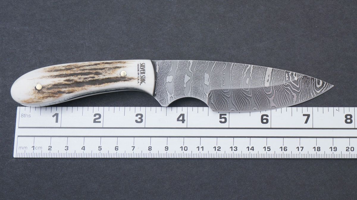 Silver Stag Field Slab Fixed Damascus, Antler Handle