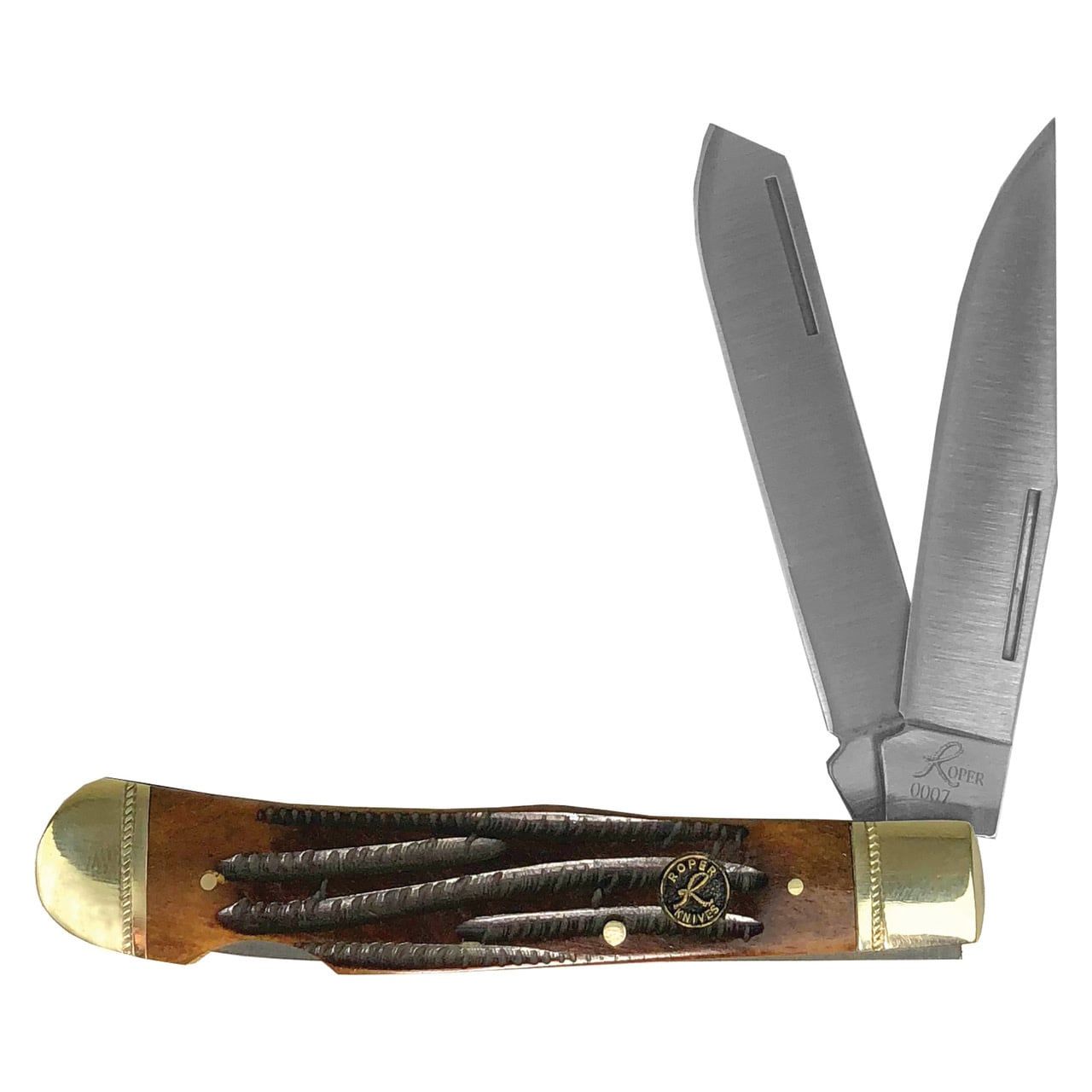 ABKT Roper Series Double Action Lockback Trapper Brown Jigged Bone, 1065 Carbon Steel