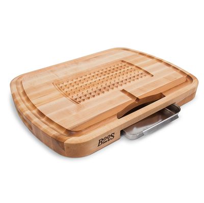 John Boos, Maple Ultimate Carving Board with Sloped Juice Groove, Stabilizing Design, Stainless Steel Pan