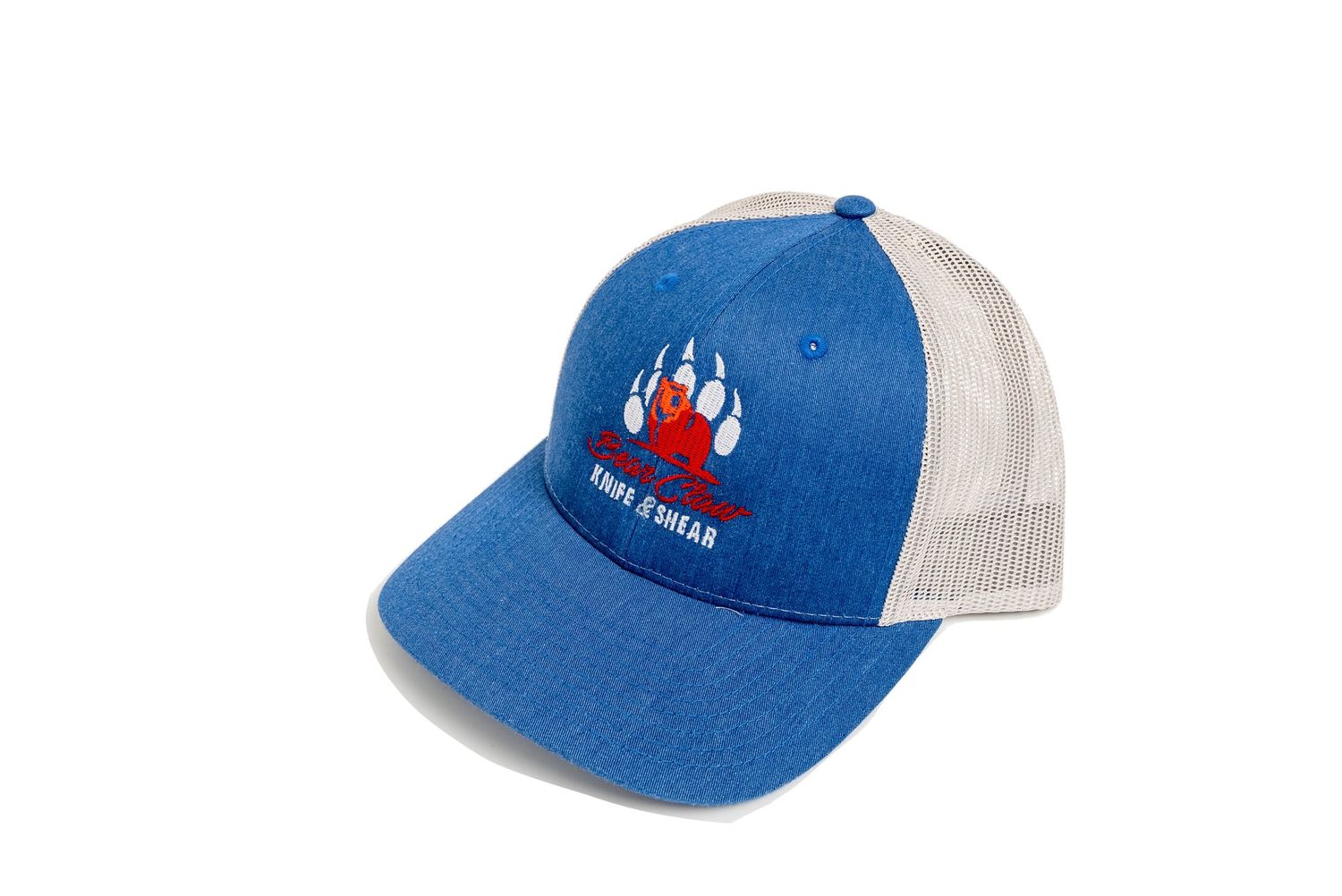 Century Graphics Bear Claw Knife &amp; Shear Logo Low Profile Trucker Cap Heather Royal &amp; Silver