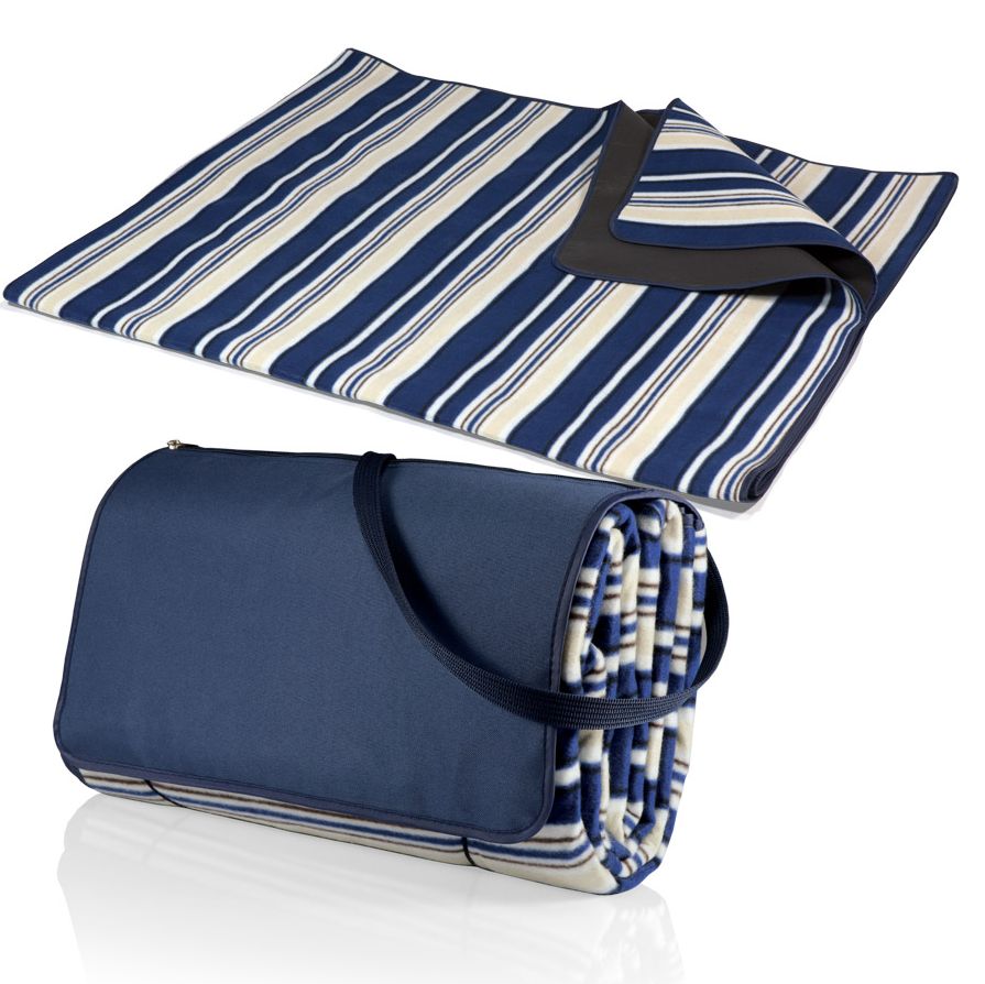 Picnic Time, Blanket Tote XL Outdoor Picnic Blanket, (Blue Stripe Pattern with Navy Flap)